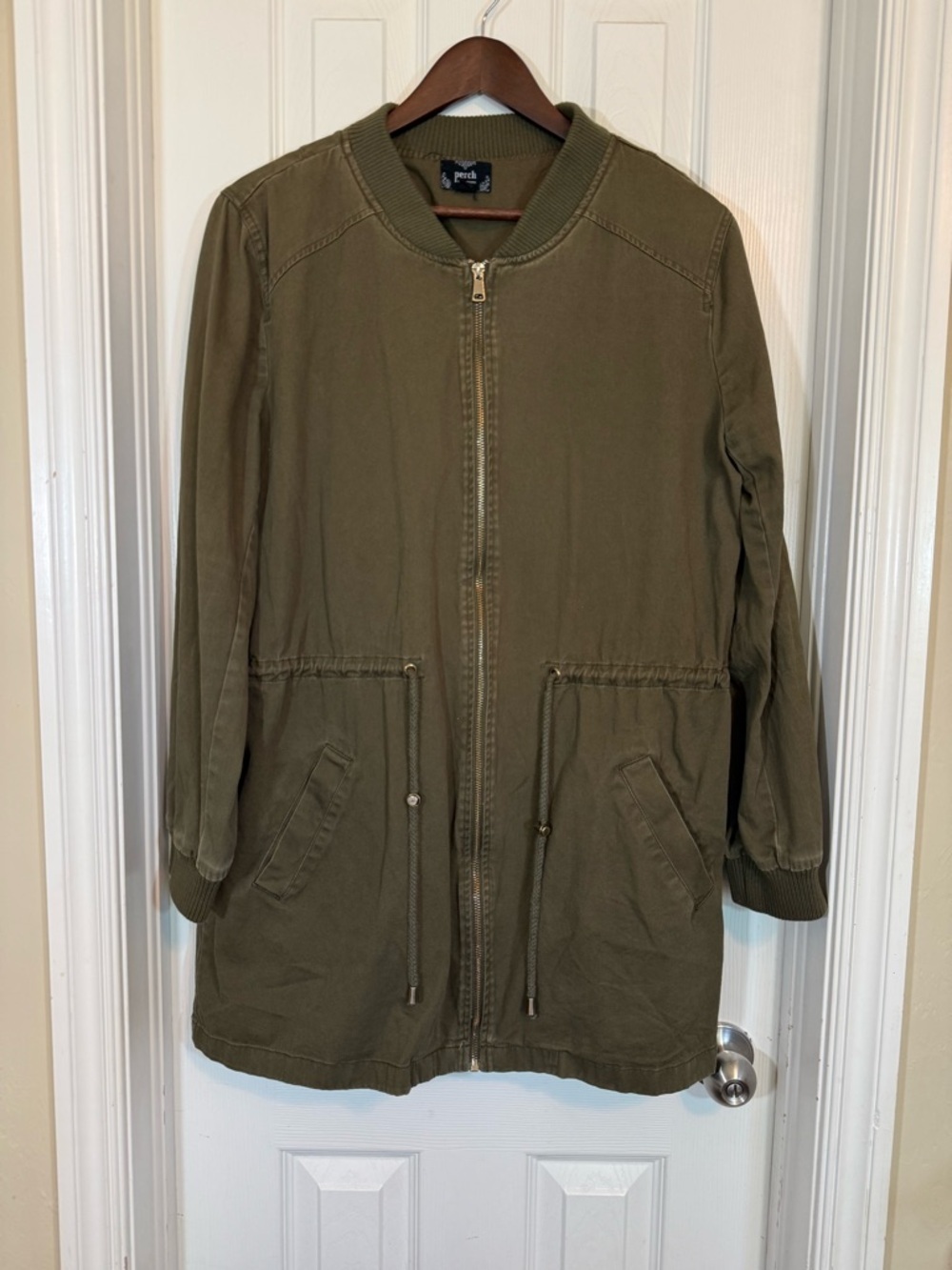 Perch By Blu Pepper Perch Olive Green Drawstring Longline Bomber Utility Jacket